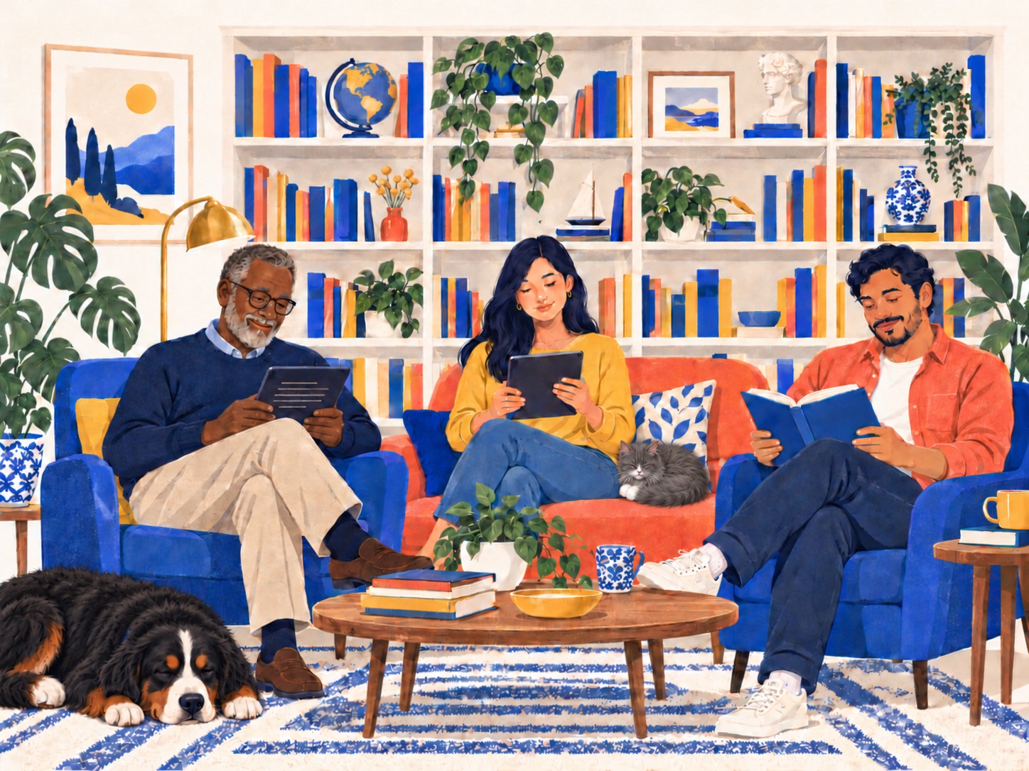 Friends reading in an organized library: an African American man around 60 and an Asian woman using tablets, a Hispanic man reading a book, a Bernese mountain dog, and a longhaired grey cat with white feet curled beside the woman